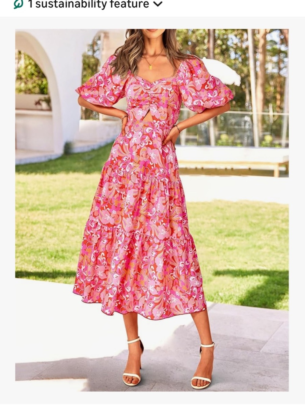 Pink Floral Tiered Maxi Dress with Puff Sleeves